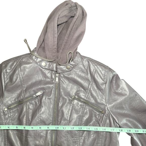 J2 Gray Faux Leather Women’s Jacket Cotton Hood Zipper Pockets Size Large Punk - Picture 7 of 9